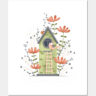 Green bird house and flowers Posters and Art